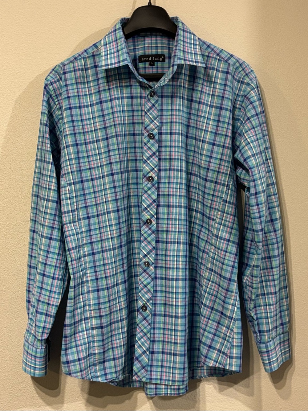 Jared Lang Blue Aqua Plaid Button Down Long Sleeve 100% Cotton Shirt Size L